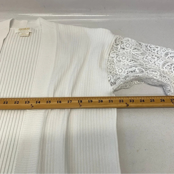 Coco Bleu Open White TiB Knit Cardigan Medium Crochet Puff Sleeve Knit Stretch - Picture 9 of 10